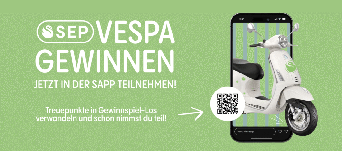 Jetzt gibt es eine Vespa zu gewinnen. Teilnehmen kann man in der App des SEP.